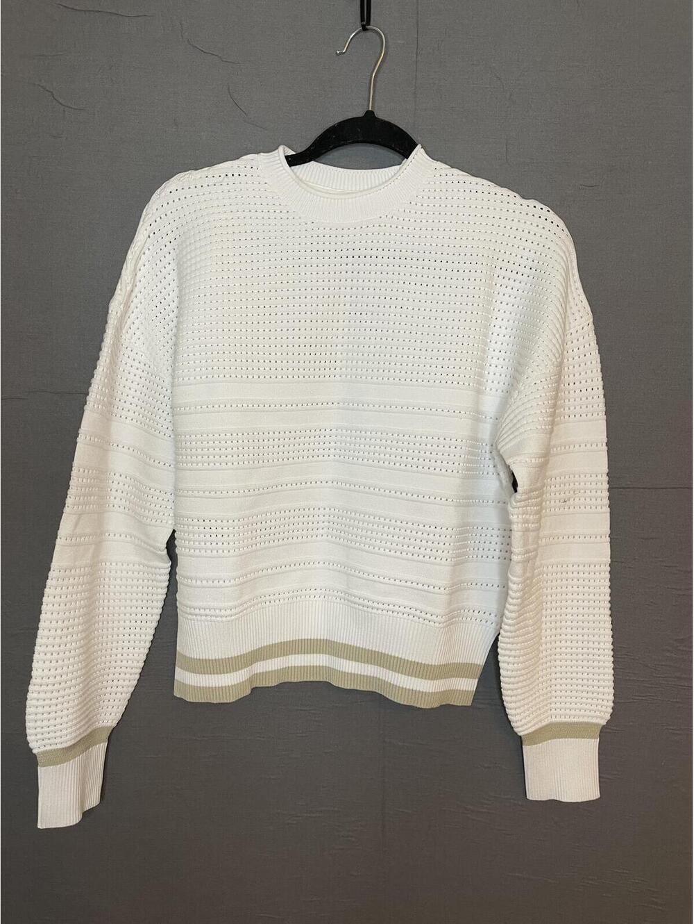 CALIA Women's White Textured Mesh Knit Crewneck Sweater Tan Striped Hem Sz S